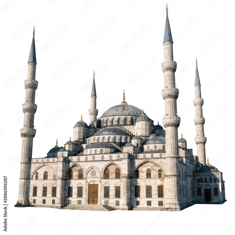 Fototapeta premium Ornate Ottoman Mosque with Minarets and Domes during Sunny Day Isolated on Transparent Background