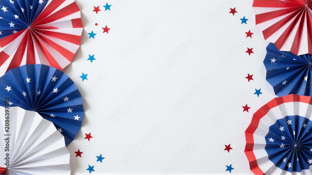 Fototapeta premium Red white and blue paper fans and star confetti on white background