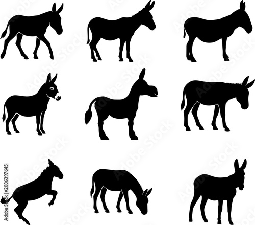 Collection of Nine Black Donkey and Mule Silhouettes in Various Poses.