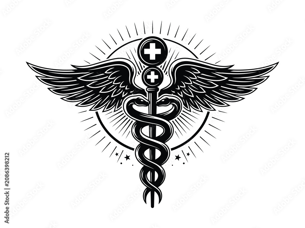 Fototapeta premium Circular Medical Emblem featuring caduceus symbol with wings and radiant rays on white background representing healthcare and medicine concept