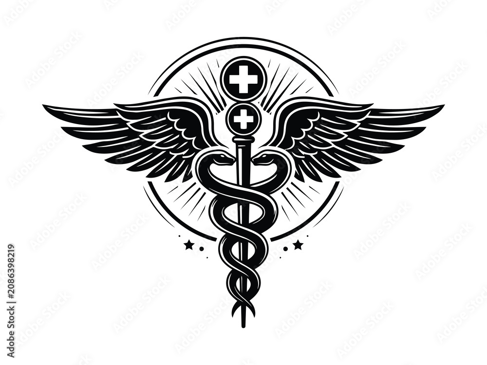 Fototapeta premium Circular Medical Emblem featuring caduceus symbol with wings and radiant rays on white background representing healthcare and medicine concept