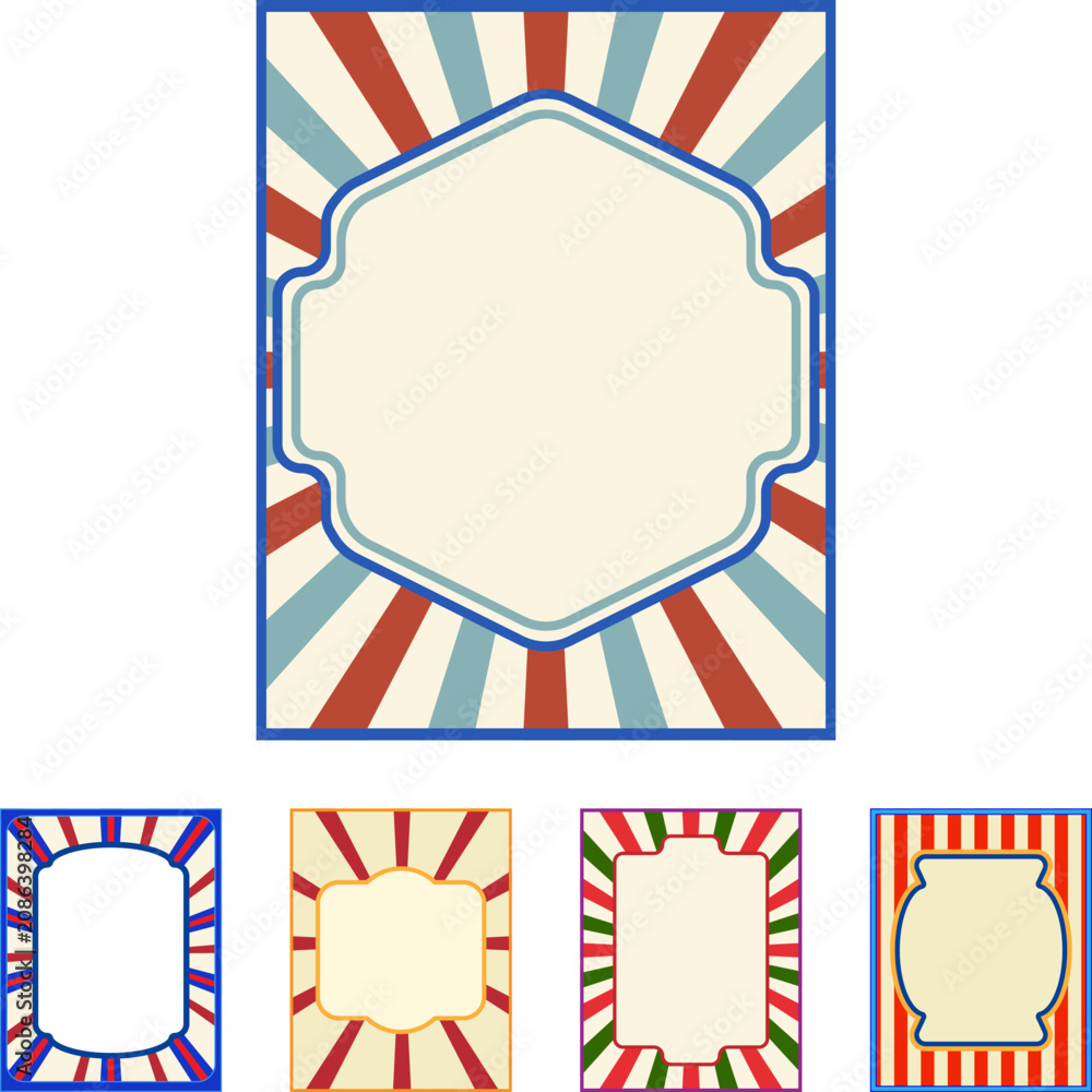 Obraz premium Collection of five retro styled blank banners and frames in an old fashioned aesthetic, ideal for events, advertisements, or festive announcements, presenting a classic fairground atmosphere