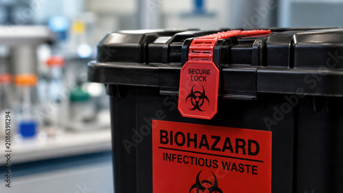 Biohazard infectious waste container with red tamper seal lock close up, blurred laboratory background, industrial safety compliance