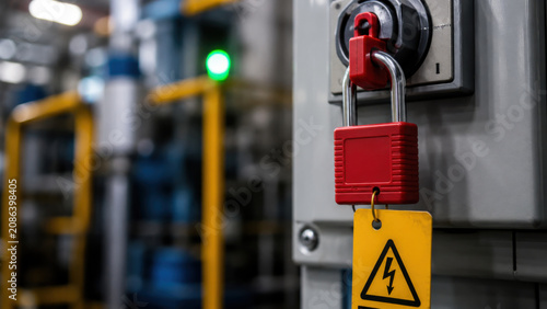 Red lockout padlock with yellow electrical hazard warning tag on industrial control panel switch, blurred factory machinery background
