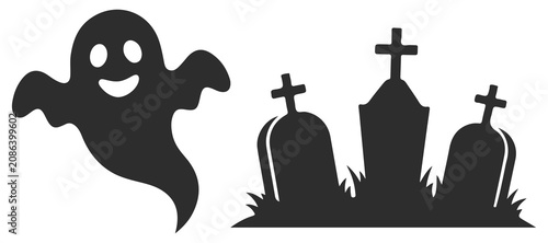 Cuadro en lienzo Halloween ghost and tombstones icon set