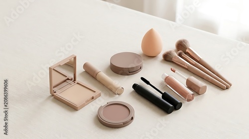 Set of various makeup products and cosmetic brushes arranged on a light table surface. beginner makeup guide