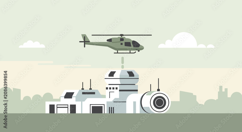 Fototapeta premium Military helicopter landing on control station, vector illustration