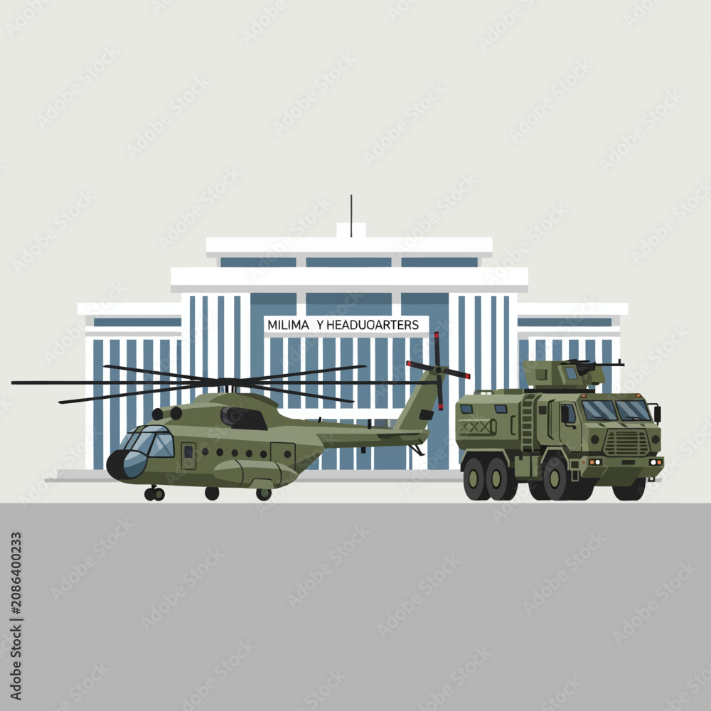 Fototapeta premium Military Headquarters with Helicopter and Armored Vehicle