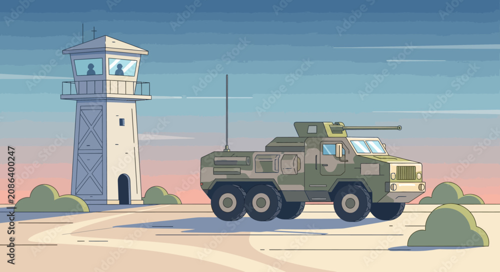 Obraz premium Military patrol illustration, armored vehicle, and watchtower