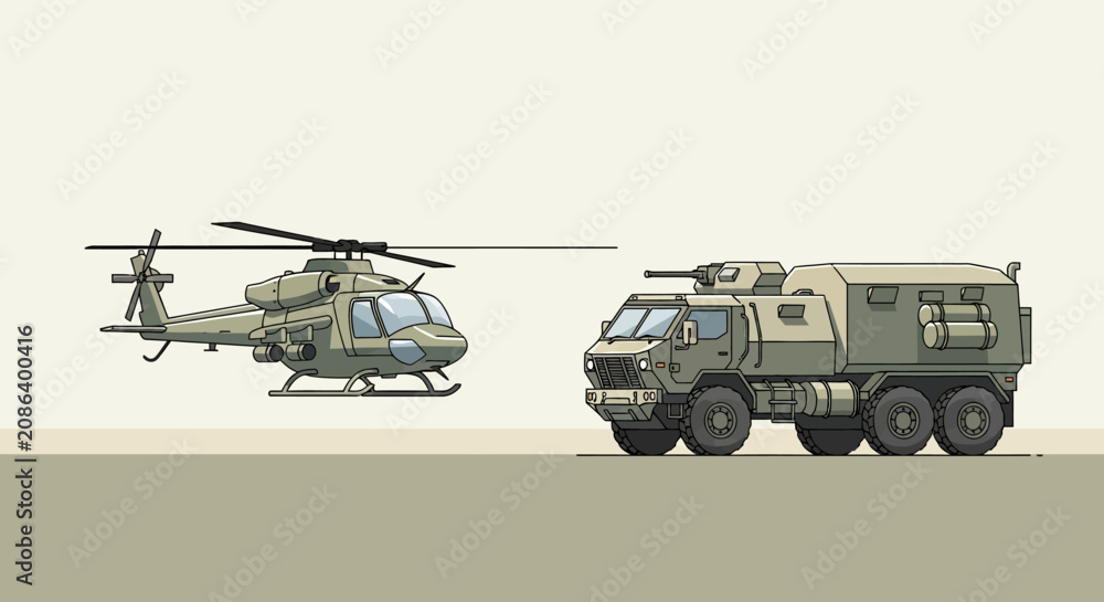 Fototapeta premium Military Helicopter and Armored Truck in Pixelated Style Illustration