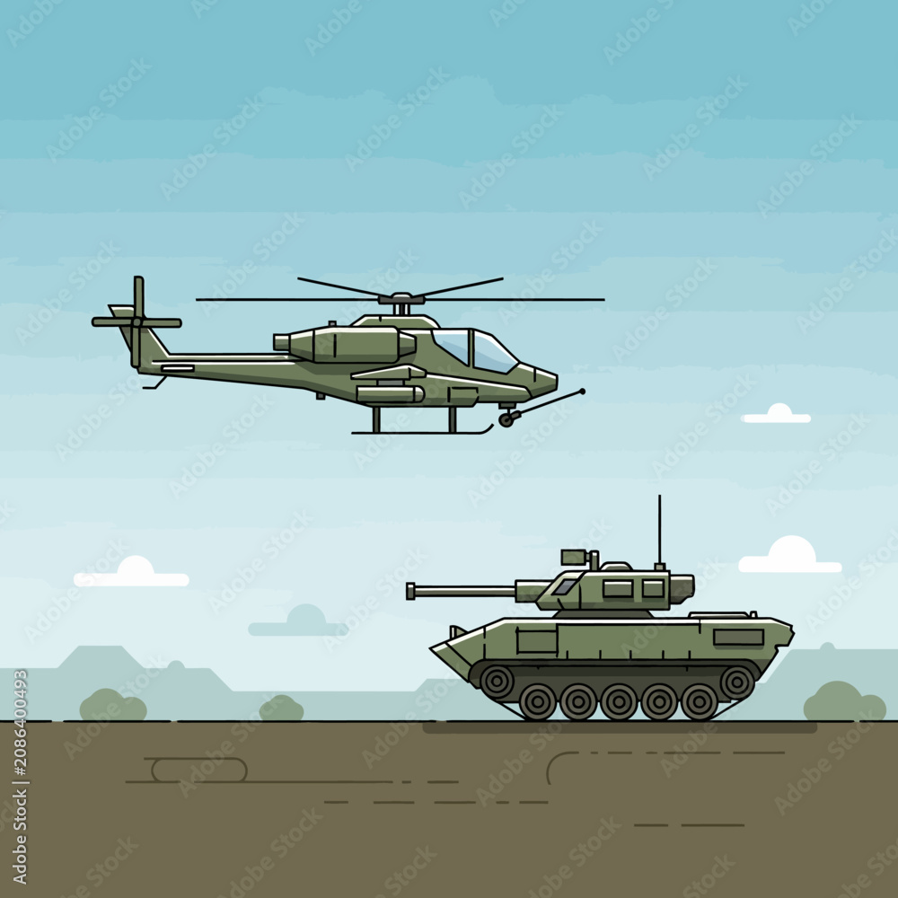 Fototapeta premium Military helicopter and tank illustration, army combat vehicles