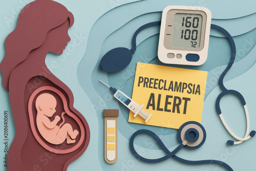 Preeclampsia alert with pregnant silhouette, fetus in womb, blood pressure monitor, stethoscope, and test tube on medical awareness background
