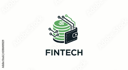 Fintech logo icon with green coins stack wallet and digital circuit lines.