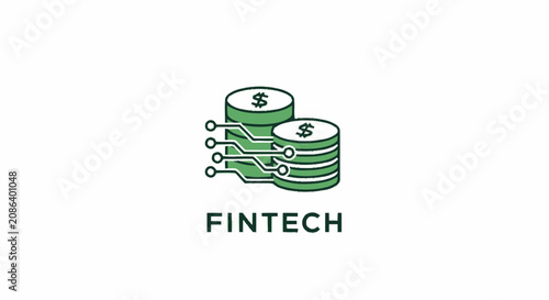 Fintech logo icon with green dollar coins and digital circuit lines on white background.