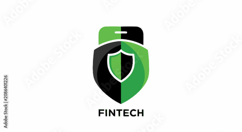 Fintech mobile security logo design featuring a green and black shield with a smartphone icon.
