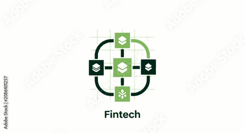 Fintech network icon representing financial technology and digital banking systems on white background.