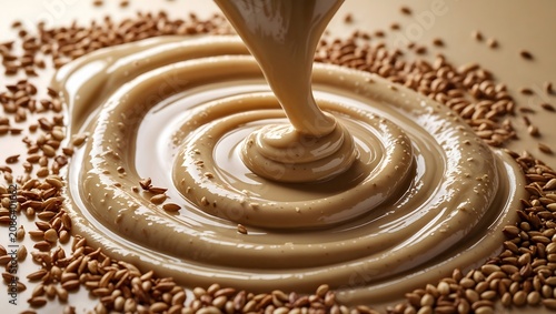 Smooth tahini paste pouring onto sesame seeds in a swirl