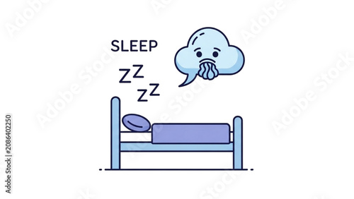 Fotografía A sleeping person lies on a bed with a cloud above.