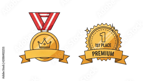 Bild auf Leinwand Golden medals and premium badges with ribbons and crowns are awarded
