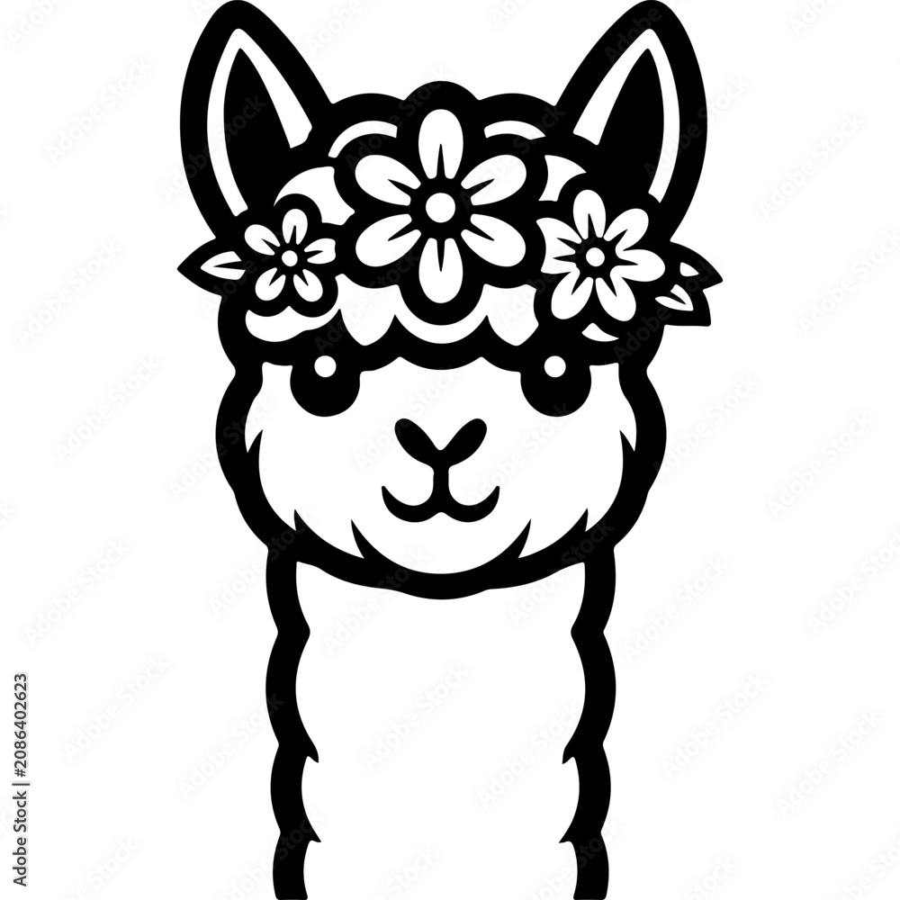 Fototapeta premium Llama face with floral crown, cute cartoon alpaca. Black and white vector with thick outlines isolated on white background