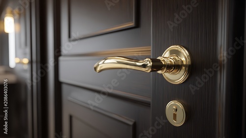 Close up of elegant gold door handle on dark door.