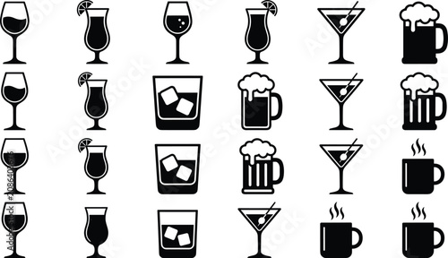 Canvastavla Alcoholic Beverages and Drinks Silhouette Icon Set with Wine, Beer, Cocktail, an