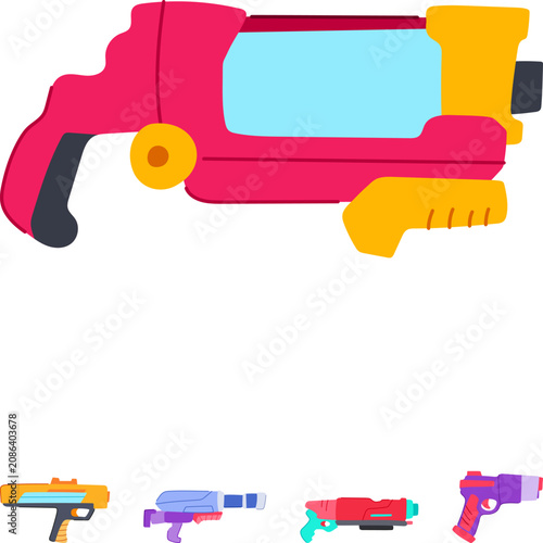 Bild auf Leinwand Stylized collection of colorful toy blasters and water guns in flat vector style
