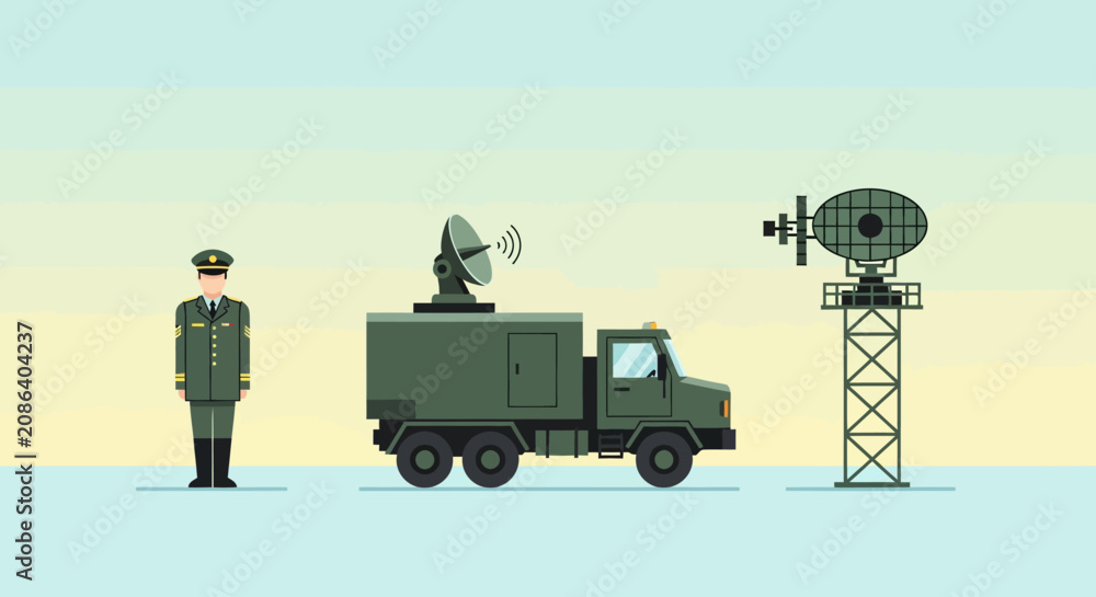 Obraz premium Military Radar Truck and Soldier Silhouette Illustration