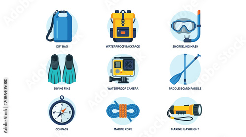 Vector icons set of water sports and marine equipment including dry bag, diving fins, snorkeling mask, compass, and waterproof camera
