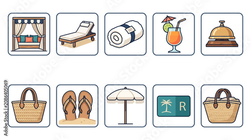 Set of Ten Essential Summer Vacation and Beach Resort Amenities Icons Featuring Leisure Travel Accessories and Holiday Relaxation Symbols