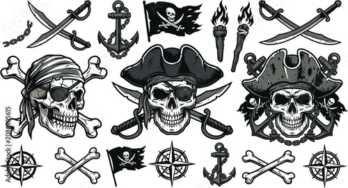 Cuadro en lienzo Vintage Pirate Skull and Crossbones Vector Element Set with Crossed Swords, Joll