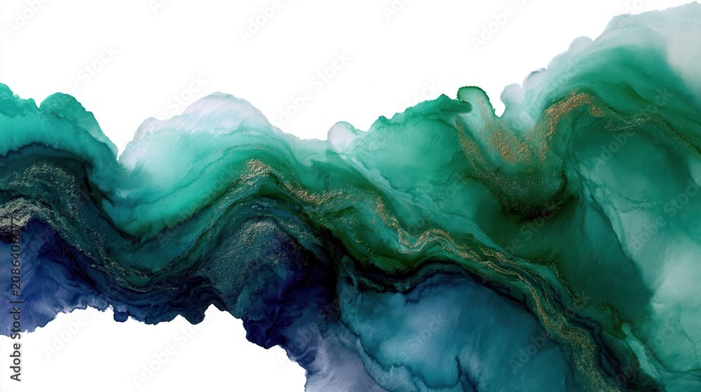 Obraz premium Abstract fluid art watercolor background featuring a horizontal wave of deep emerald green and navy blue stains with metallic gold shimmer on a pure white background with copy space.