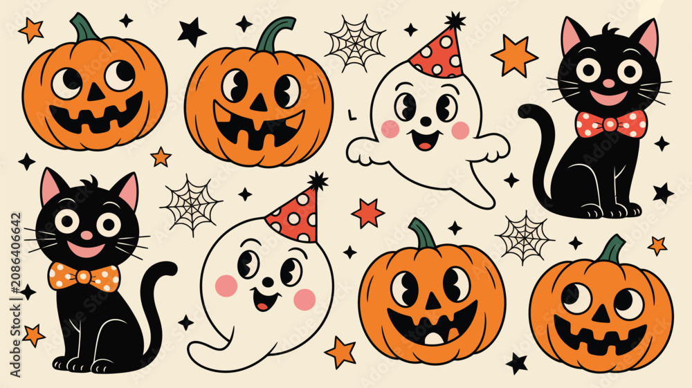 Fototapeta premium Cute retro Halloween characters including smiling pumpkins, black cats, and friendly ghosts for festive designs