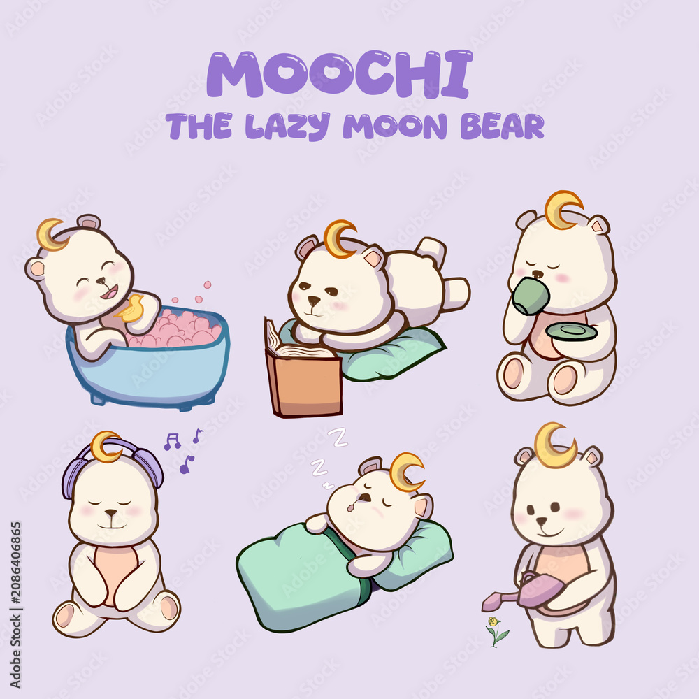 Fototapeta premium Cozy White Bear Six Activity Set, Kawaii Chibi Character Collection Illustration