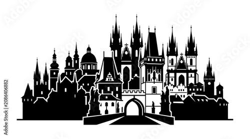 Bild auf Leinwand Prague Castle Silhouette Vector Icon, Black and White Architectural Landmark