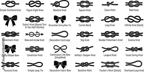 Schilderij op canvas Types of Rope Knots and Decorative Bows Vector Silhouette Collection