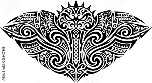 Intricate owl mask tattoo tribal vector with polynesian art patterns.