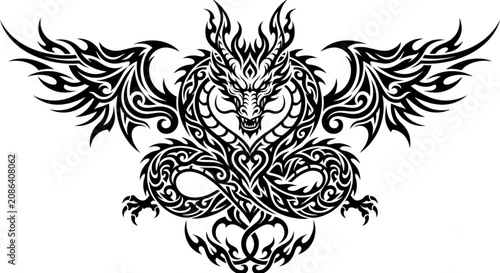 Powerful Dragon Tattoo Tribal Vector Art with Intricate Wings.