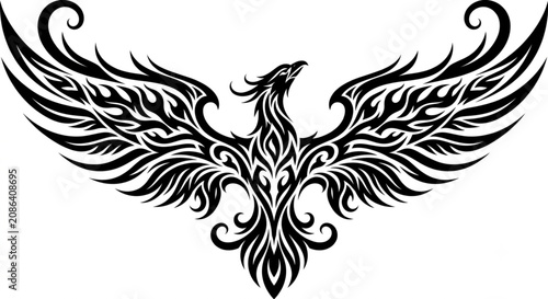 Phoenix bird tattoo tribal vector with outstretched wings.