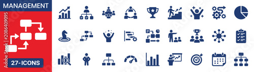 Management fill icon set featuring leadership business growth collaboration analytics and corporate teamwork design elements