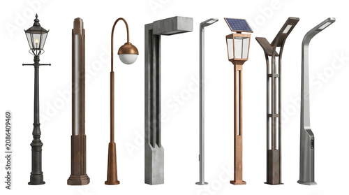 Modern and vintage street lamp collection, set of 8 outdoor light poles, urban lighting fixtures with solar panels and led technology on white background