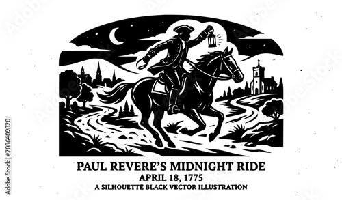 Bild auf Leinwand Historical Paul Revere Riding Horse Black Silhouette Vector Clipart