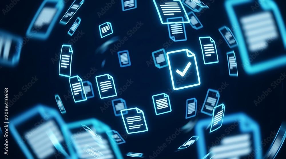 Fototapeta premium Flying digital document files with checkmarks in dark cyber space for paperless workflow and data management