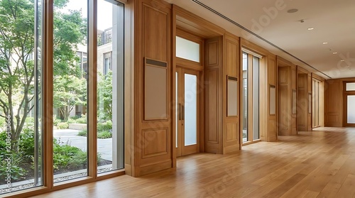 Modern wooden hallway with large windows and natural light