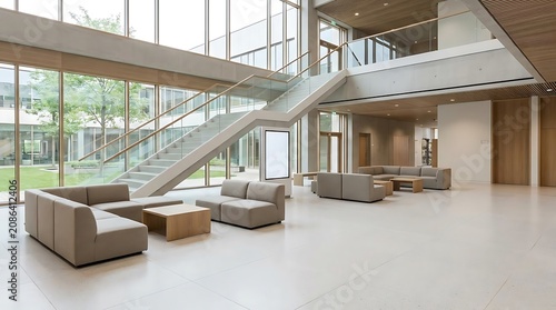 Modern office interior with staircase and seating areas