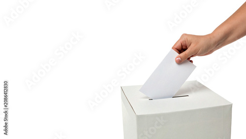Human hand dropping white voting ballot paper into box isolated on a transparent background