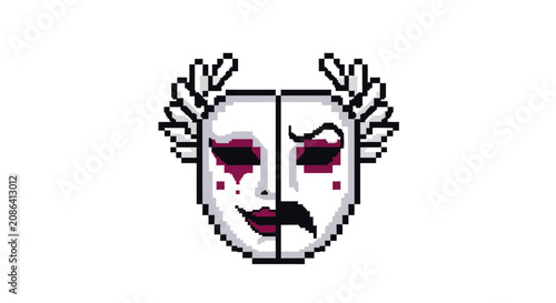 Pixel art of a split theatrical mask showing comedy and tragedy.