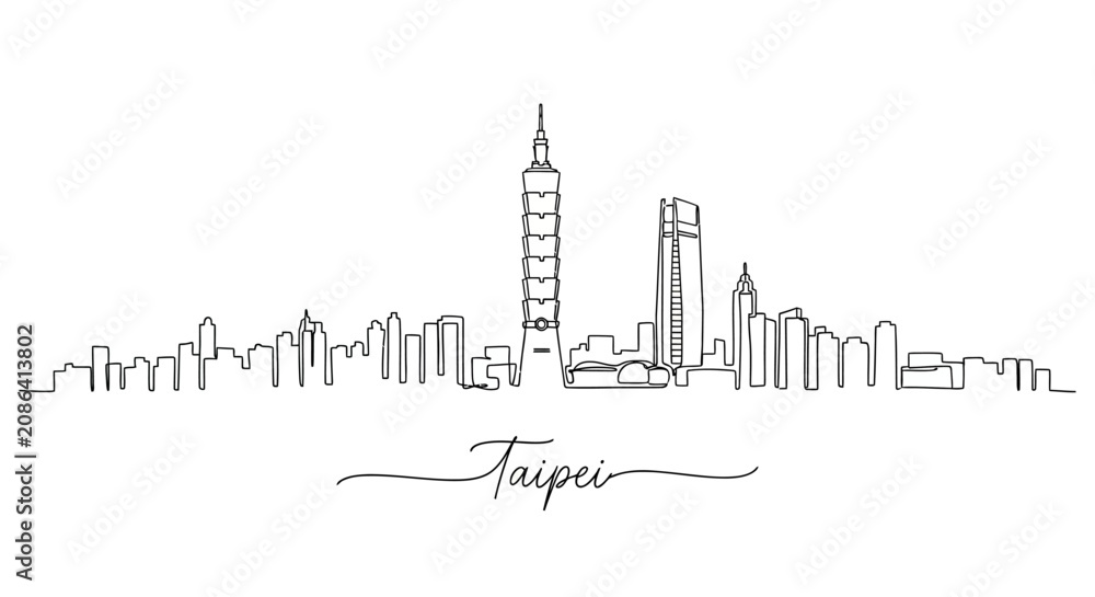 Obraz premium Taipei Skyline: One-Line Art, Cityscape Illustration, White Background