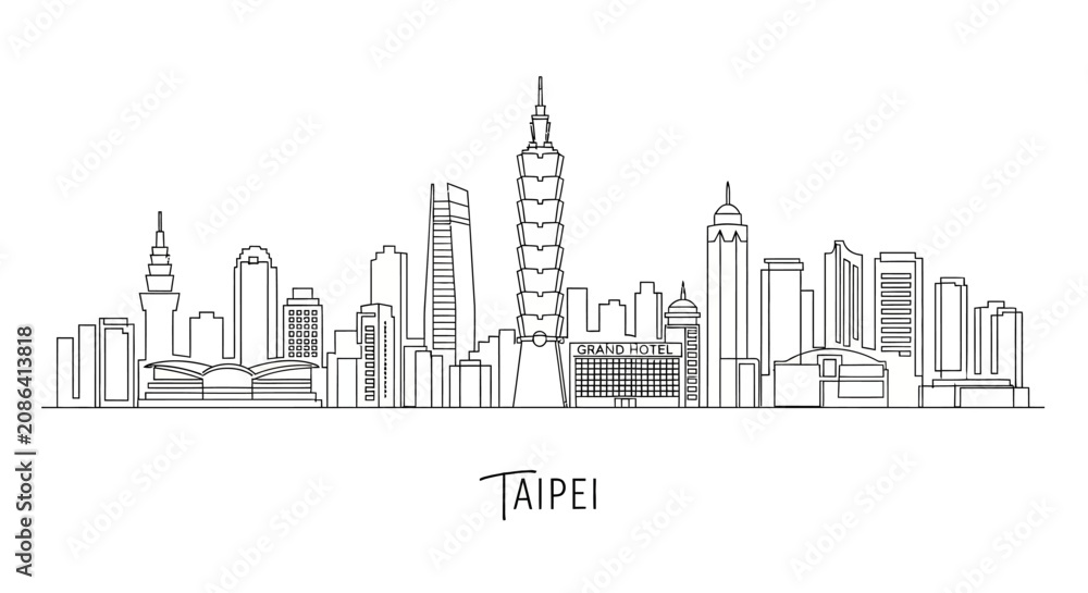 Obraz premium Taipei Skyline Outline Drawing - Modern City Architecture White Background