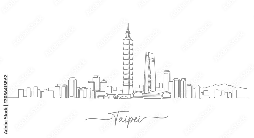 Obraz premium Taipei skyline, Taiwan, single line drawing, modern city architecture, landmark illustration